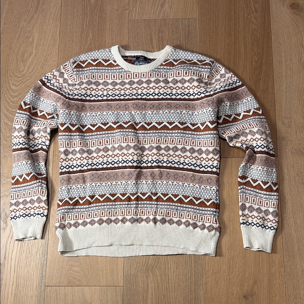 American Rag Patterned Crewneck Sweater in Cream and Brown sz L